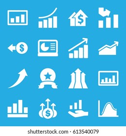Increase icons set. set of 16 increase filled icons such as graph, chart on display, graph on hand, chart, arrows up, medal, arrow up, money up, coin