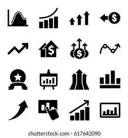 Increase icons set. set of 16 increase filled icons such as graph, chart, hand on graph, arrows up, medal, arrow up, money up, coin