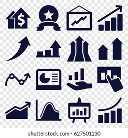 Increase icons set. set of 16 increase filled icons such as arrow up, graph, chart, chart on display, graph on hand, hand on graph, arrows up, medal