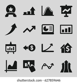 Increase icons set. set of 16 increase filled icons such as graph, chart, chart on display, hand on graph, arrows up, medal, arrow up, coin, dolar growth