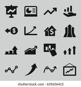 Increase icons set. set of 16 increase filled icons such as graph, chart on display, graph on hand, chart, arrows up, arrow up, coin