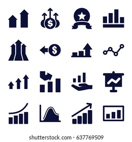 Increase icons set. set of 16 increase filled icons such as arrow up, graph, graph on hand, arrows up, medal, money up, coin