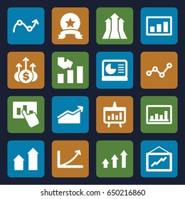 Increase icons set. set of 16 increase filled icons such as arrow up, graph, chart, chart on display, hand on graph, arrows up, medal