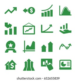 Increase icons set. set of 16 increase filled icons such as arrow up, graph, chart on display, graph on hand, hand on graph, arrows up, medal, coin