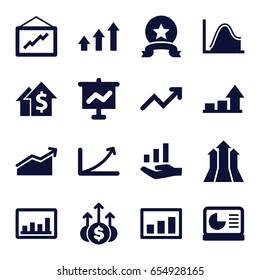 Increase icons set. set of 16 increase filled icons such as graph, chart on display, graph on hand, chart, arrows up, medal, money up, dolar growth