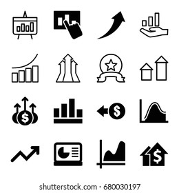 Increase icons set. set of 16 increase filled and outline icons such as graph, chart on display, hand on graph, arrow up, money up, chart, graph on hand, coin, arrows up