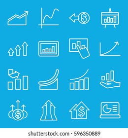 increase icons set. Set of 16 increase outline icons such as graph, chart, chart on display, graph on hand, coin, arrows up, money up, dolar growth