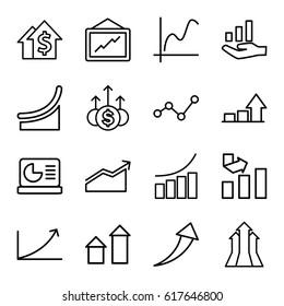 Increase icons set. set of 16 increase outline icons such as arrow up, graph, chart on display, graph on hand, chart, arrows up, money up