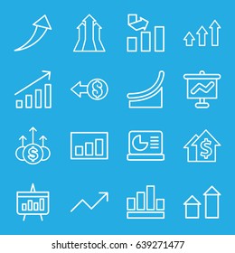 Increase icons set. set of 16 increase outline icons such as arrow up, graph, chart, chart on display, coin, arrows up, money up, dolar growth