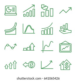 Increase icons set. set of 16 increase outline icons such as graph, chart on display, graph on hand, coin, chart