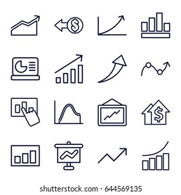 Increase icons set. set of 16 increase outline icons such as graph, chart on display, coin, chart, arrow up, dolar growth, graph on board