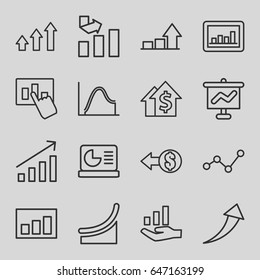Increase icons set. set of 16 increase outline icons such as graph, chart on display, graph on hand, coin, chart, arrow up