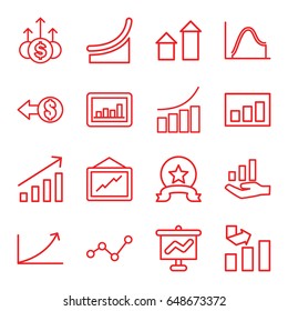Increase icons set. set of 16 increase outline icons such as arrow up, graph, graph on hand, coin, chart, medal, money up