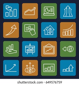 Increase icons set. set of 16 increase outline icons such as graph, chart, chart on display, graph on hand, coin, arrows up, arrow up, money up, dolar growth