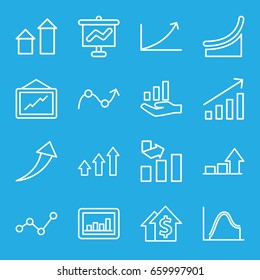 Increase icons set. set of 16 increase outline icons such as arrow up, graph, graph on hand, chart, dolar growth