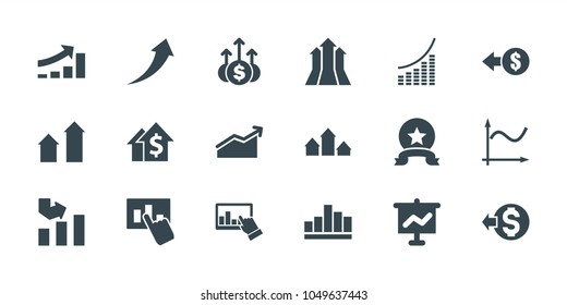 Increase icons. set of 18 editable filled increase icons: arrow up, graph, coin, dolar growth, graph on board, hand on graph, chart, arrows up, medal
