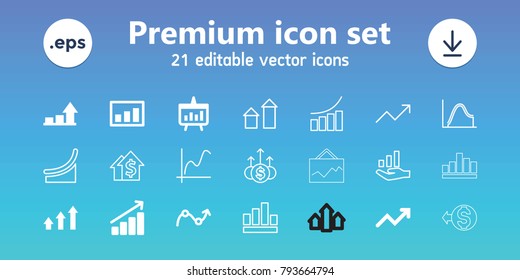 Increase icons. set of 21 editable outline increase icons includes graph, chart, arrow up, dolar growth, graph on hand, money up