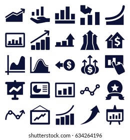 Increase icons set. set of 25 increase filled icons such as graph, chart, chart on display, graph on hand, arrows up, medal, arrow up, coin