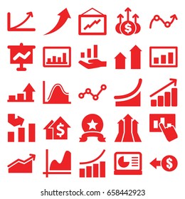 Increase icons set. set of 25 increase filled icons such as arrow up, graph, chart on display, graph on hand, chart, arrows up, medal, coin