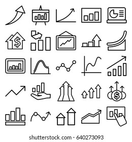 Increase icons set. set of 25 increase outline icons such as arrow up, graph, chart, chart on display, graph on hand, arrows up, money up, dolar growth