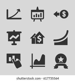 Increase icons set. set of 9 increase filled icons such as graph, chart, hand on graph, medal, coin, dolar growth