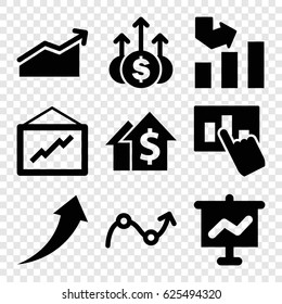 Increase icons set. set of 9 increase filled icons such as graph, hand on graph, chart, arrow up, money up, dolar growth