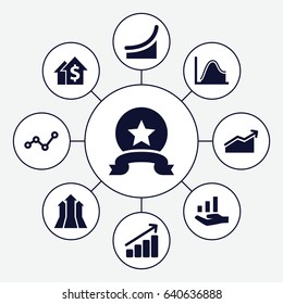 Increase icons set. set of 9 increase filled icons such as graph, graph on hand, chart, arrows up, medal