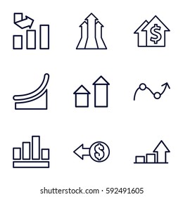 increase icons set. Set of 9 increase outline icons such as arrow up, graph, coin, chart, arrows up