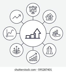 increase icons set. Set of 9 increase outline icons such as graph, graph on hand, arrows up, money up, dolar growth
