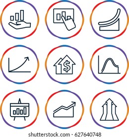 Increase icons set. set of 9 increase outline icons such as graph, chart, graph on hand, arrows up, dolar growth
