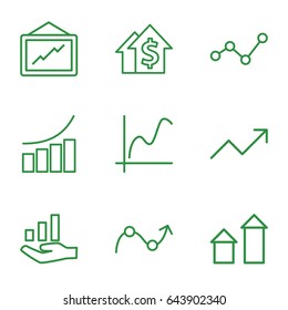 Increase icons set. set of 9 increase outline icons such as arrow up, graph, graph on hand