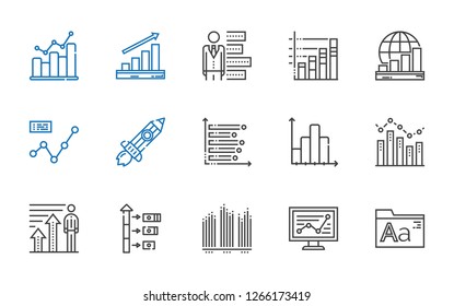 increase icons set. Collection of increase with fonts, line chart, bar chart, growth, profits, rising, bar graph. Editable and scalable increase icons.