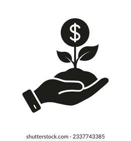 Increase Income, Financial Profit and Success Silhouette Icon. Growth Money Glyph Pictogram. Wealth Solid Sign. Dollar Coin in Plant Shape in Human Hand Symbol. Isolated Vector Illustration.