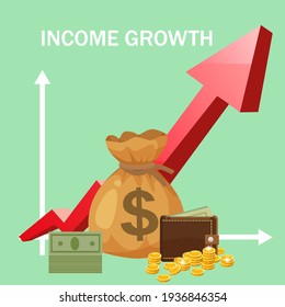 Increase Income Financial Revenue, Income growth money rate rising up. Arrow up, Money purse coins gold bag coins fund, concept of business, economic, capital earnings success. Vector
