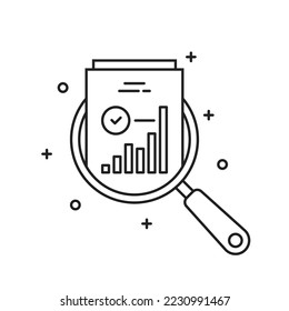 increase income icon with thin line magnifier and doc. outline trend stroke lineart web element for graphic design. simple pictogram for paperwork or finance plan or tax policy statistic with summary