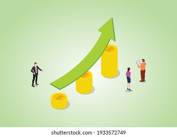 increase income with people and up raise on money gold coin concept with modern isometric style