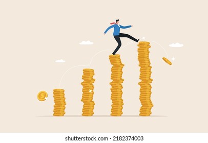 Increase In Income Or Profit. An Increase In Wages Or Salaries. Increase In Interest. 
Company Growth From Doing Business. Businessman Jumping On Pile Of Silver Coins Above.