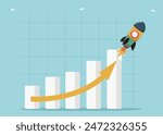 Increase in income and wages, financial growth, improvement of economy, profitability of investment portfolio, increase in value of currency, motivation for high results, rocket takes off up chart.