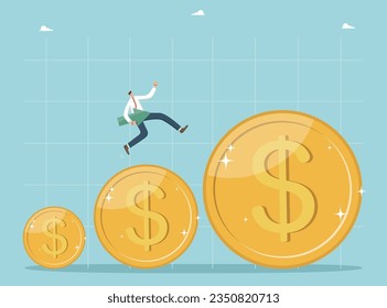 Increase in income and wages, financial growth and enrichment, increase in value of business and investment portfolio, rise in living standards and GDP, a man with arrow runs on increasing coins.
