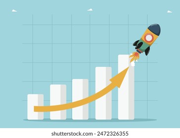 Einkommenssteigerung und Lohnerhöhung, Finanzwachstum, Verbesserung der Wirtschaft, Rentabilität von Investment Portfolio, Geldwertsteigerung, Motivation für hohe Ergebnisse, Rakete startet die Grafik.