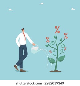 Un aumento en la tasa de interés de un depósito, un aumento en el beneficio de un depósito de inversión o de valores, éxito en un negocio o una start-up, un hombre regando un árbol con un interés creciente.