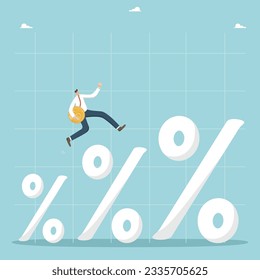 Increase in the interest rate on a deposit, increase in profits from investment deposits, profitable interest on loan to start a business, savings grown, man with a coin runs on increasing interest.