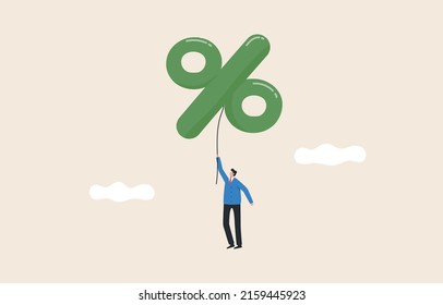 An increase in interest rate percentage or capital gains. Stock market bubble. Conditions for profit from inflation Businessman investors fly with balloons with percentage symbols.