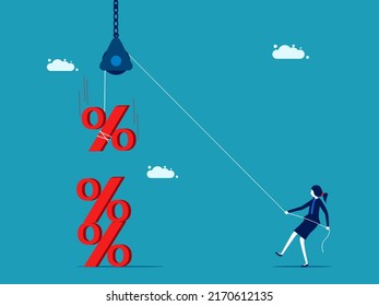 Increase interest rates. Business woman pulling up percentage icon. finance and investment