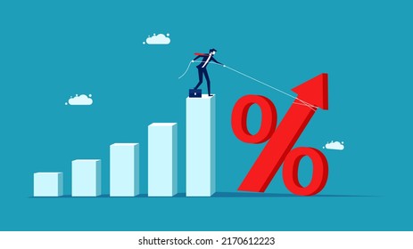 Increase interest rates. Businessman pulling up percentage icon. finance and investment