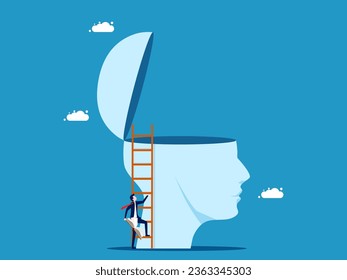 Increase knowledge. Businessman holding a book climbs a ladder onto a big head