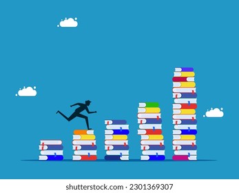 increase knowledge or progress in learning a lot. man running on growing pile of books