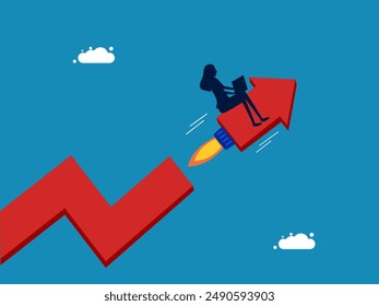 Increase market returns. Businesswoman rides a fast arrowhead attached to a rocket 