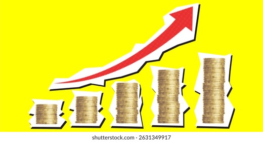 Increase money dotted collage element pointilize coin stack and up arrow in paper torn vector financial growth, profit boost, and rising income, business success, economy rise, and money illustration