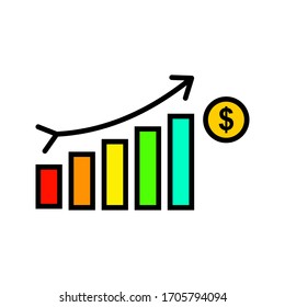 Icono de crecimiento del dinero, marketing de progreso, ilustración vectorial sobre fondo blanco.Icono de gráfico. símbolo de barra de gráficos para el diseño de su sitio Web